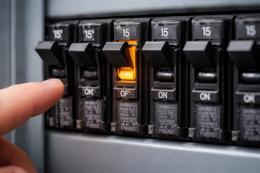 Tripped circuit breaker in a residential electrical panel